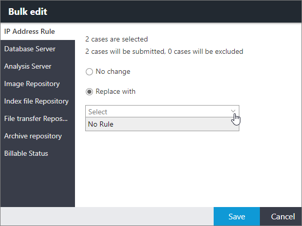 Bulk edit window showing the IP Address Rule page.