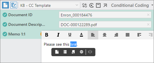 Conditional Coding pane showing a memo field with the inline "linking" menu.