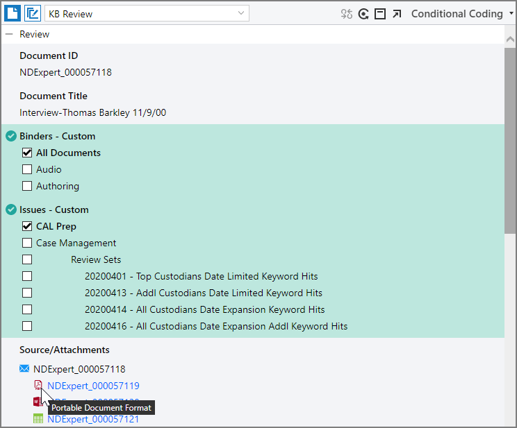 Conditional Coding pane showing the Binders - Custom, Issues - Custom,  and Source/Attachments coding fields.